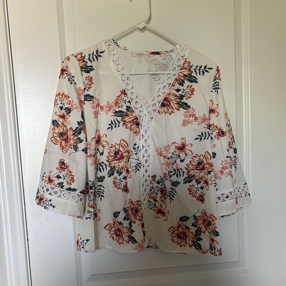 SHEIN Cream Bell Sleeve Blouse with Embellished Boxy Style